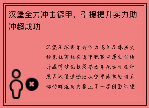 汉堡全力冲击德甲，引援提升实力助冲超成功
